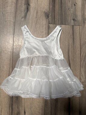 Vtg White Sleeveless Girls Petticoat Tea Party Tiered Layered Tulle Dress Lace T